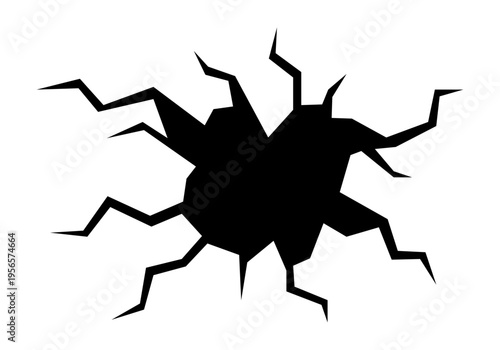 Silueta negra de un agujero de impacto con grietas irregulares radiantes