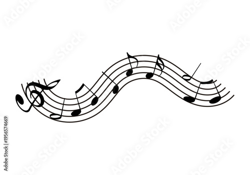 Línea ondulada de pentagramas con notas musicales y claves de sol