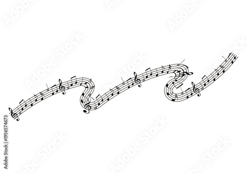 Línea ondulada de pentagramas con notas musicales y claves de sol