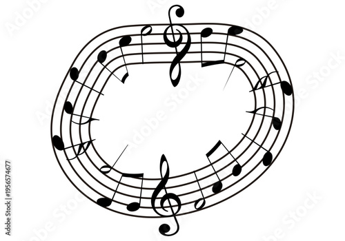 Pentagrama de forma ovalada con notas musicales y claves de sol 