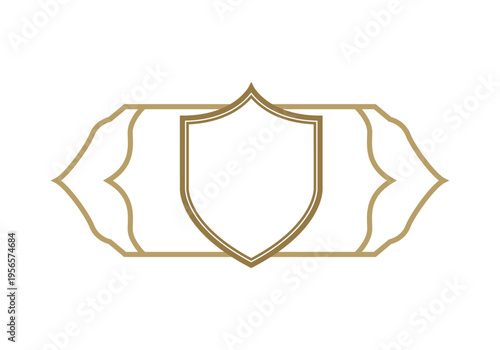 Emblema heráldico con escudo central y bordes decorativos dorados