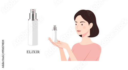 Woman holding skincare serum bottle in minimalist flat illustration for beauty product advertising