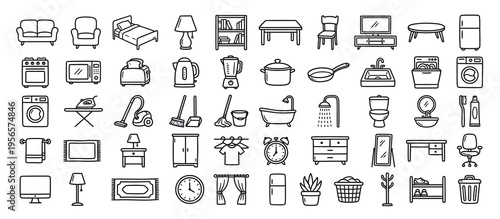 A comprehensive collection of black and white line art icons depicting various household furniture, kitchen appliances, bathroom fixtures, and cleaning tools.