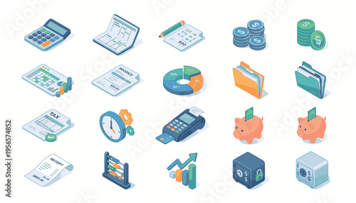Isometric icons for finance, accounting, and business, including calculator, documents, money, charts, and payment terminals.