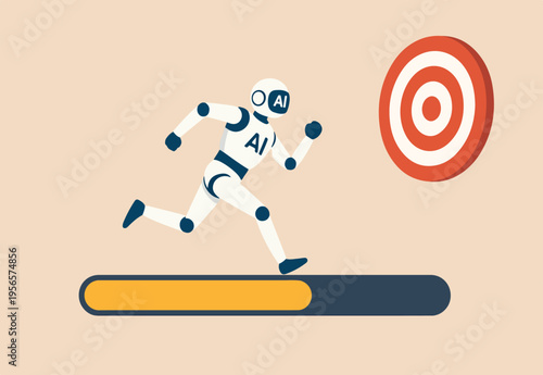 AI artificial intelligence implementation progress, adoption or evolution to improve AI innovation, learning or change to optimize success concept, smart AI robot run on progress bar to reach target