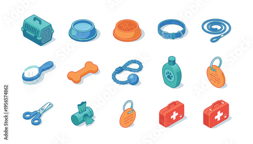 Isometric pet care accessories and supplies icons including bowls, leash, collar, toys, grooming tools, and first aid kits for domestic animals.