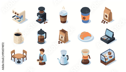 Isometric icons set of various agricultural machinery and farm equipment for modern farming operations and crop production.