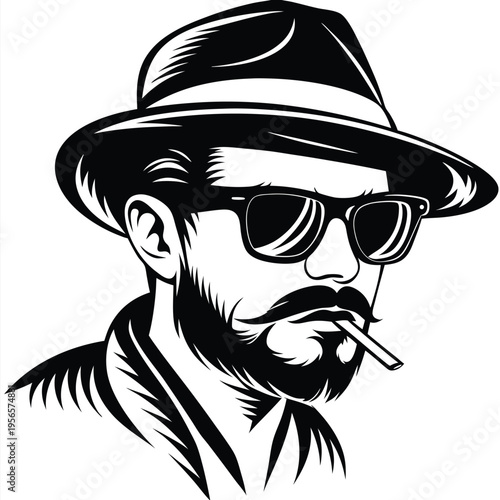 Monochromatic man sporting a fedora and sunglasses smokes a cigarette with cool confidence