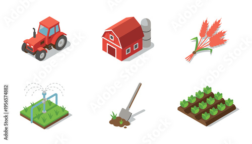 Isometric icons illustrating various elements of a coffee shop, including machines, beverages, food, and staff.
