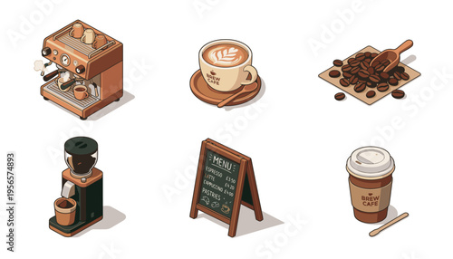 Isometric illustrations of various coffee-related items including an espresso machine, latte, coffee beans, grinder, menu board, and a takeaway cup.