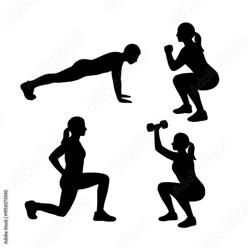 Set of black silhouettes of people doing various exercises