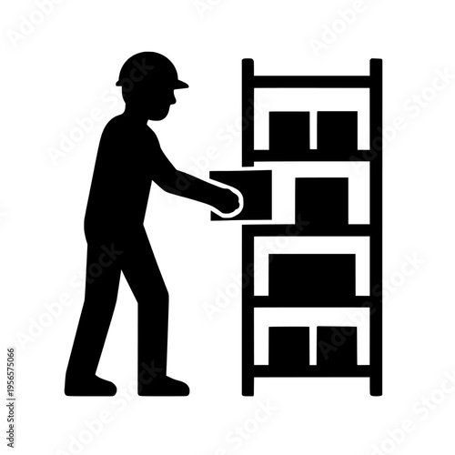 Black silhouette of a worker in a hard hat moving boxes on a shelf