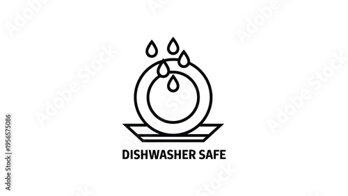 dishwasher safe symbol line icon with plate and water drops flat illustration isolated on light background, kitchen label cleaning safety sign