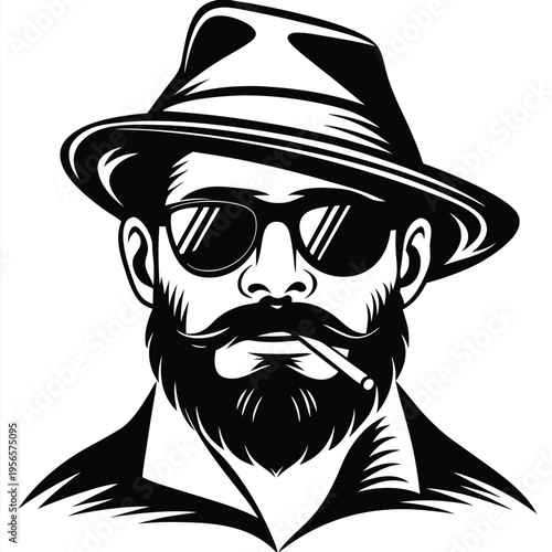 Monochrome bearded man confidently sports sunglasses and a hat while holding a cigarette