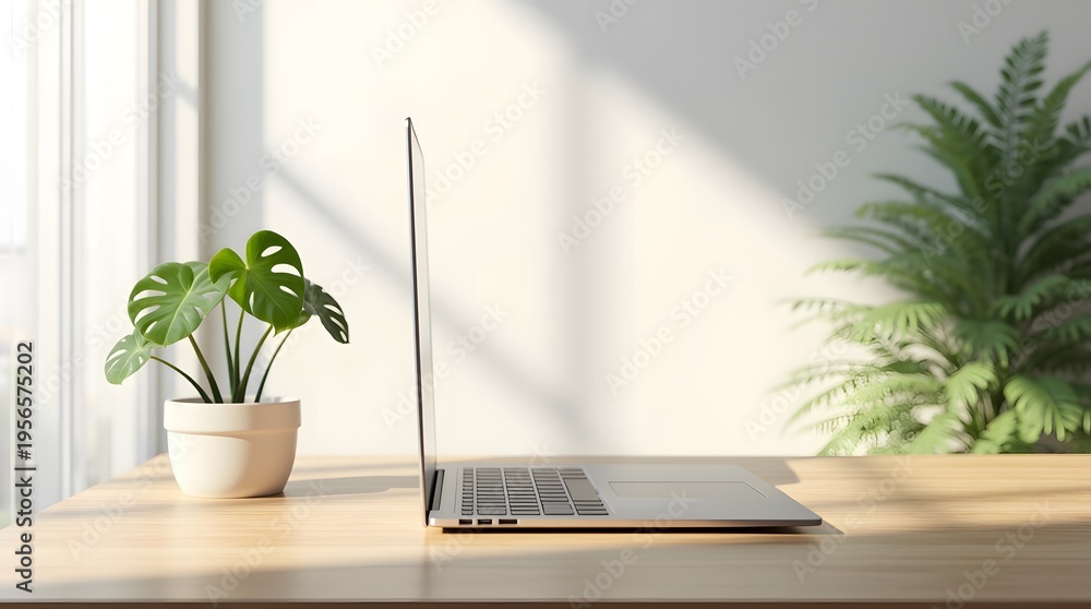 Fototapeta premium Clean Minimal Desk with Laptop and Plant in Warm Natural Light