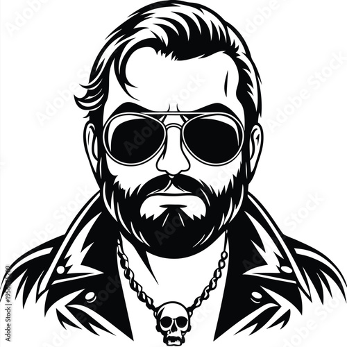 Monochrome biker with aviator sunglasses and a skull necklace has a rebellious attitude