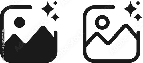 AI Image Generation Icon Set, Photo Enhancement and Magic Editor Vector, Minimalist Gallery Sparkle Symbol for Photo Filtering, Upscaling, and Creative Design UI. User Interface element for Ai Tools