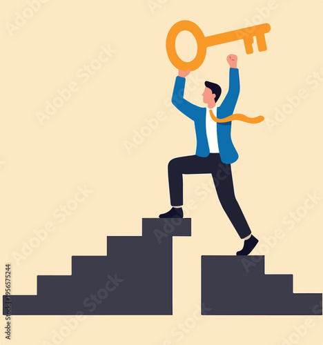 Key to business success, stairway to find secret key or achieve career target concept, businessman winner walk up to top of stairway lifting golden success key to the sky.