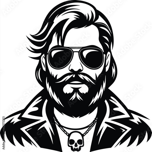 Monochrome biker with sunglasses and skull necklace exudes a strong, rebellious attitude