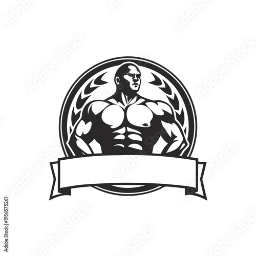 Monochrome bodybuilder within circle and banner presents strong muscular physique with determined expression