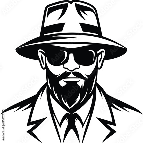 Monochrome character wearing hat and sunglasses with a beard displays elegance and mystery