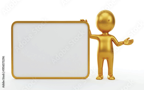Golden cartoon character standing next to a large white sign with gold frame and presenting  smiling shiny humanoid figure with one hand on sign and other outstretched
