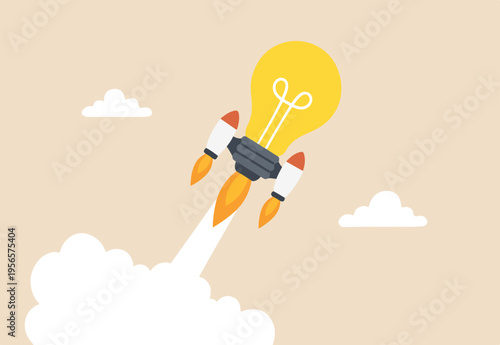 Boost creative idea, imagination, innovation or technology to help success, invent new solution to win business competition concept, bright lightbulb idea flying fast into the sky