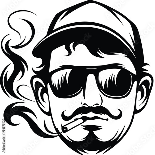 Monochrome drawing depicts a man with sunglasses, cap, and cigarette in his mouth