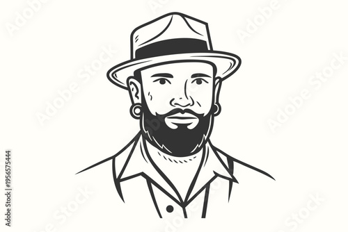 Monochrome drawing shows a bearded man wearing hat, jewelry, and retro style jacket