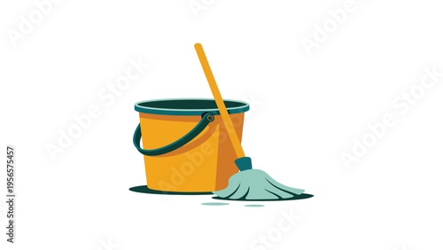 cleaning tools flat illustration of mop and bucket isolated on light background, household hygiene concept, cleaning equipment design