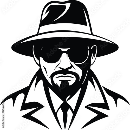 Monochrome illustration depicts serious man with beard and sunglasses wearing fedora hat