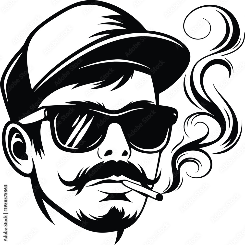 Obraz premium Monochrome man in cap smokes with bold mustache and sunglasses in portrait