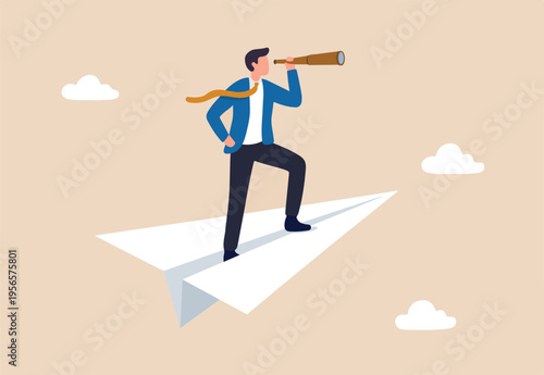 Business vision to see opportunity or strategy, discovery or visionary to look forward in business concept, confidence businessman leader on flying high paper plane looking forward through telescope