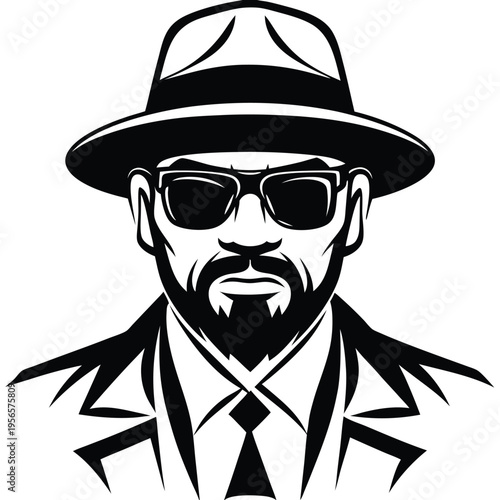 Monochrome illustration shows a bearded man wearing hat, sunglasses and formal attire looks serious