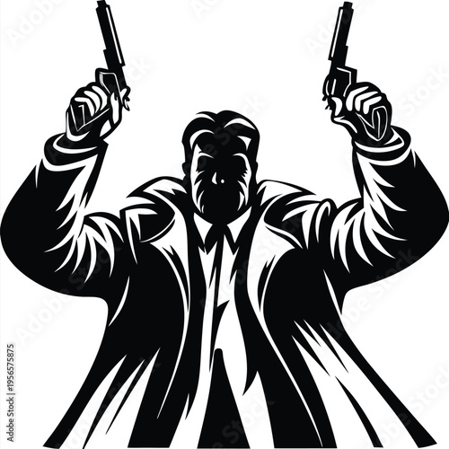 Monochrome man in coat powerfully raises revolvers, creating dynamic silhouette action scene