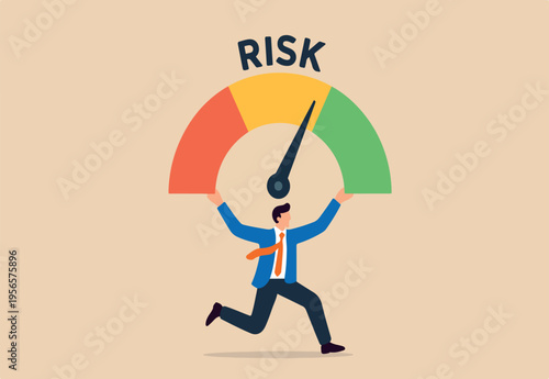 Risk control or employee performance measurement, rating evaluation level or efficiency score, quality analysis scale concept, businessman holding performance improvement or risk gauge indicator.