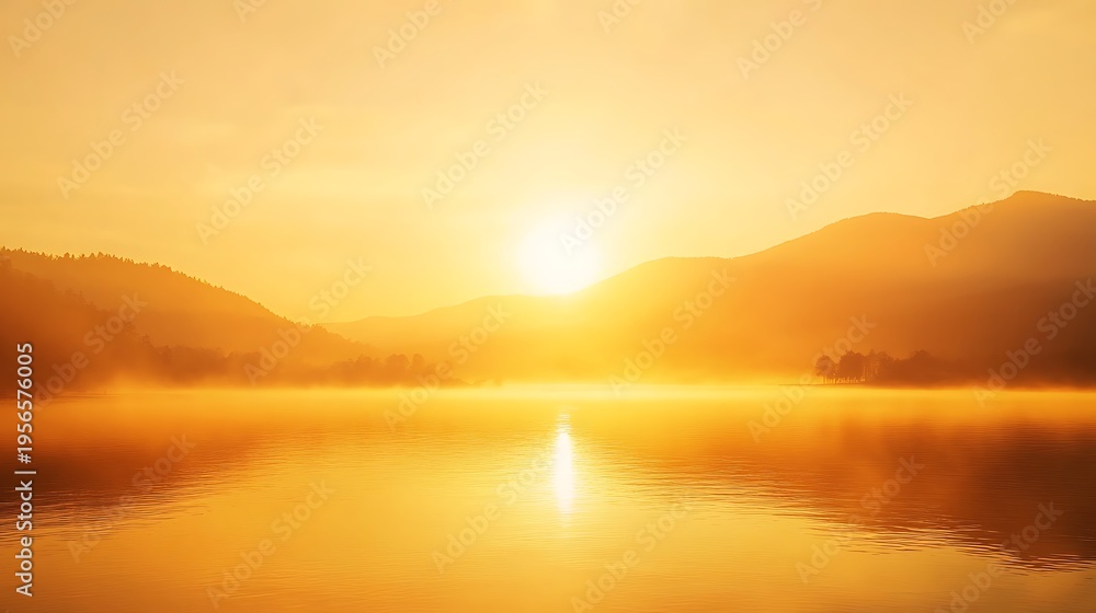 Fototapeta premium Sunrise Over A Serene Lake With Mountains