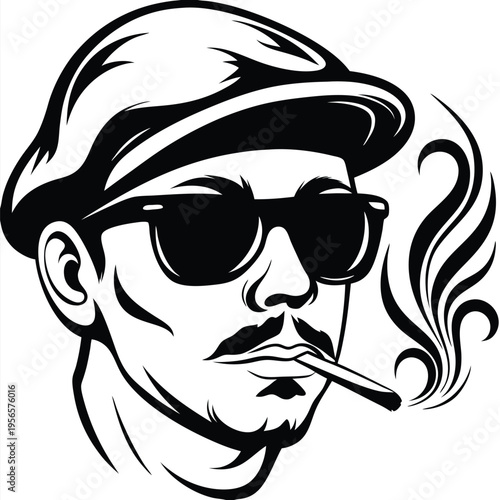 Monochrome man wearing a cap and sunglasses while smoking has a bold and stylish presence