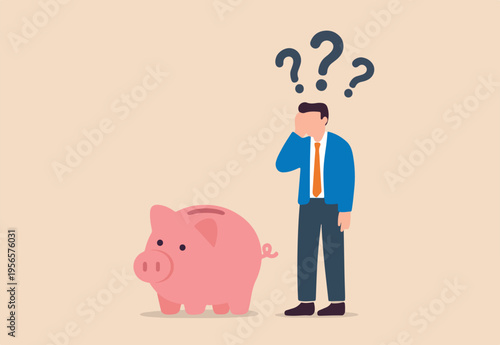 Finance question or saving problem, doubt or confusion, banking or economic uncertainty, contemplation or money solution, wealth concept, confused businessman with piggybank and question marks