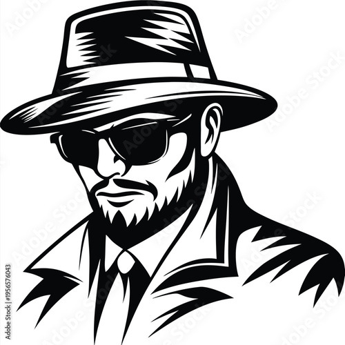 Monochrome man wearing fedora and sunglasses looks intense while in a suit with tie