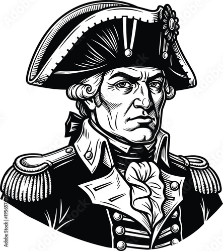 Vintage Napoleon Bonaparte Portrait Illustration Military General in Bicorn Hat Black and White Woodcut Style for Historical and Heroic Vector Design