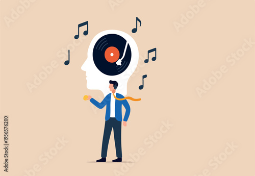 Listen to music while study or working, melody to relax or enjoy life, psychology or chill music help emotional concept, human head with vinyl record playing song in his head metaphor of music lover