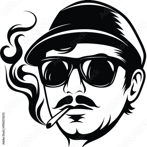 Monochrome man wearing hat and sunglasses smokes, emitting abstract smoke, vector