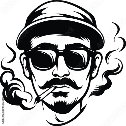 Monochrome man with a hat smokes, mustache, and sunglasses is surrounded by smoke