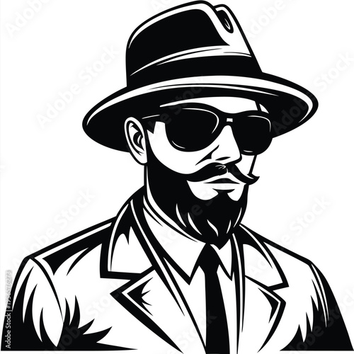 Monochrome man with beard and hat wears dark glasses and coat for a classic look