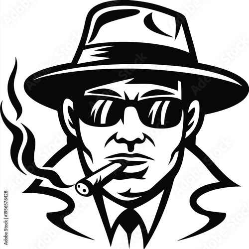 Monochrome man with fedora and sunglasses smokes cigar in a stylized vector