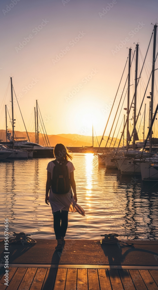 Fototapeta premium Solitary Journey: Man Walking Along Marina Pier at Golden Sunset