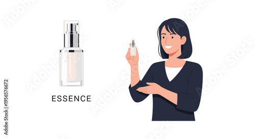 Woman applying facial essence in minimalist flat design with soft colors and simple illustration for skincare advertising