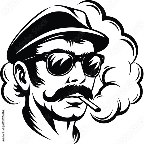 Monochrome man with mustache, sunglasses, and cap smokes with smoke around him