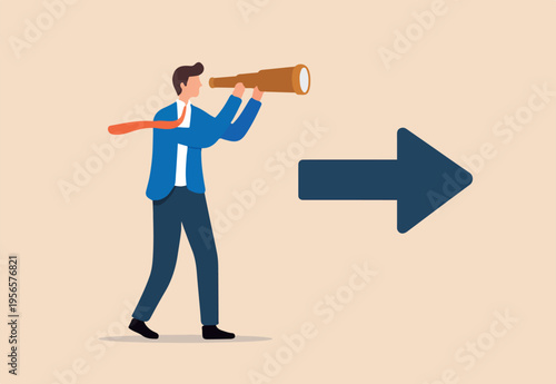 Business direction with leadership visionary, business goal and achievement or looking for solution and smart businessman leader using telescope look for the way forward strategy